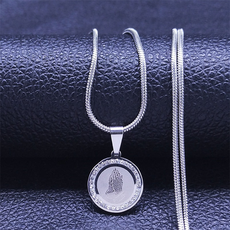 Jesus Virgin Mary Cross Pray Small Crystal Necklace A (45cm)