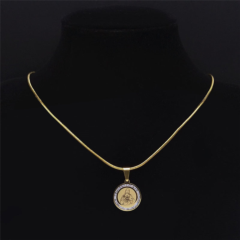 Jesus Virgin Mary Cross Pray Small Crystal Necklace A (45cm)
