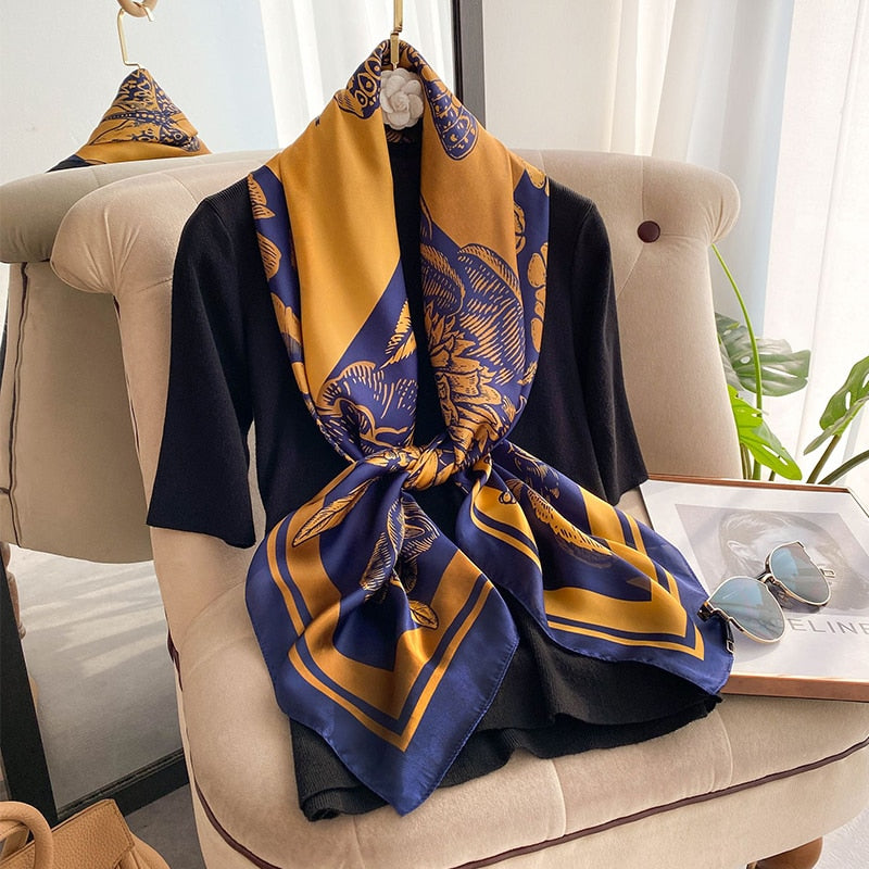 110*110cm Floral Printed Imitated Silk Scarf